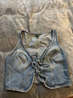 Denim Lace-Up Vest in Faded Blue